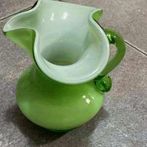 Green Glass Pitcher Vase - Two-Tone Lime and White